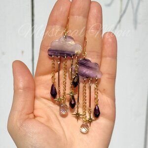 Rain Cloud Earrings Acrylic Cloud Drop Earrings with Purple Crystals and Gold